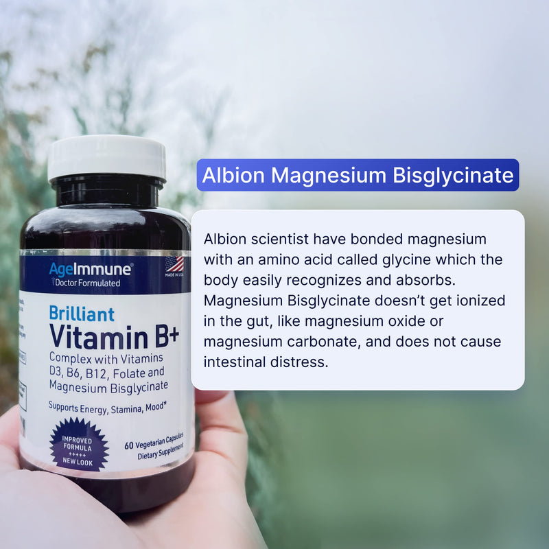 AgeImmune Vitamin B Complex with Vitamin D3 B12 B6 Magnesium Bisglycinate and Folate as Methylfolate - Doctor Formulated Methylated B Complex Supplement – 60 Capsules - Without Niacin 60 Count (Pack of 1)