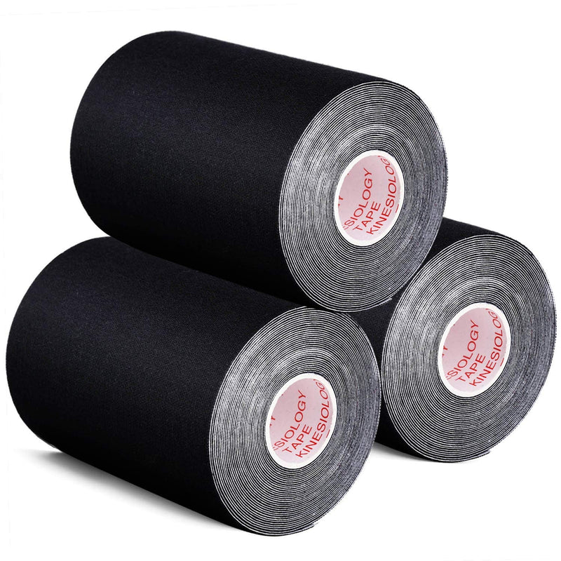 [Australia] - 3 Pack Kinesiology Tape, Water Resistant Muscle Support Adhesive Sport Tape for Pain Relief, Latex Free Cotton Elastic Athletic Tape for Joints, Knee, Ankle, Shoulder, Wrist - Black 4in 5.5yd 