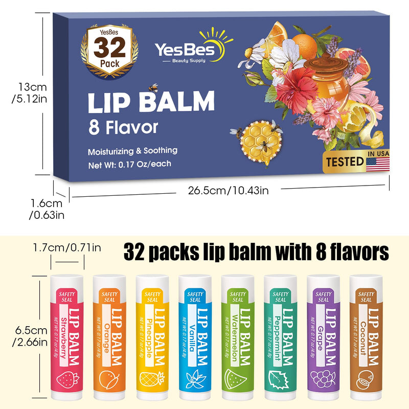 YesBes 32 Pack Lip Balm, Natural Lip Balm Bulk with Vitamin E and Coconut Oil, Moisturizing Lip Balms for Dry Cracked Lips, Lip Balms for Mothers Day Gifts Stocking Stuffers - 8 Flavors C-32P