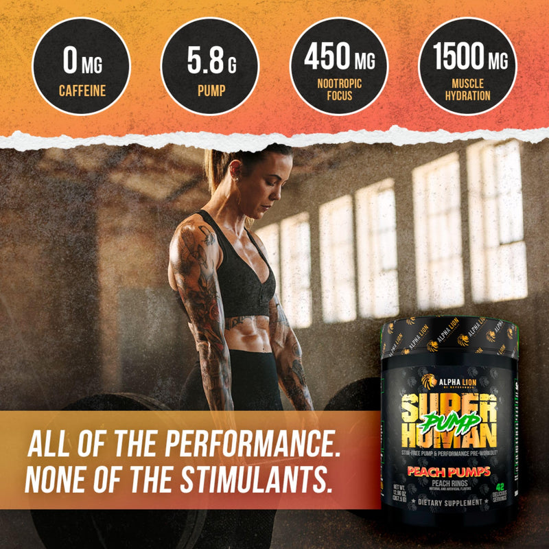 [Australia] - ALPHA LION Superhuman Pump Pre Workout Powder, Nootropic Caffeine & Stim Free Preworkout Supplement, Nitric Oxide Booster, Muscle Gainer, Energy & Focus (42 Servings, Peach Pumps Flavor) Peach Pumps - Peach Rings 