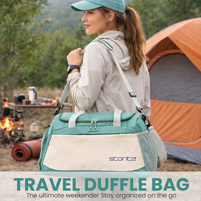 Storite Travel Duffle Bag with Shoe Compartment, Green/White, 51x22x28 cm | Water Resistant Nylon, Lightweight, Multi-Pocket, Wet Pocket, Adjustable Shoulder Strap, Travel, Gym, Weekend Trips