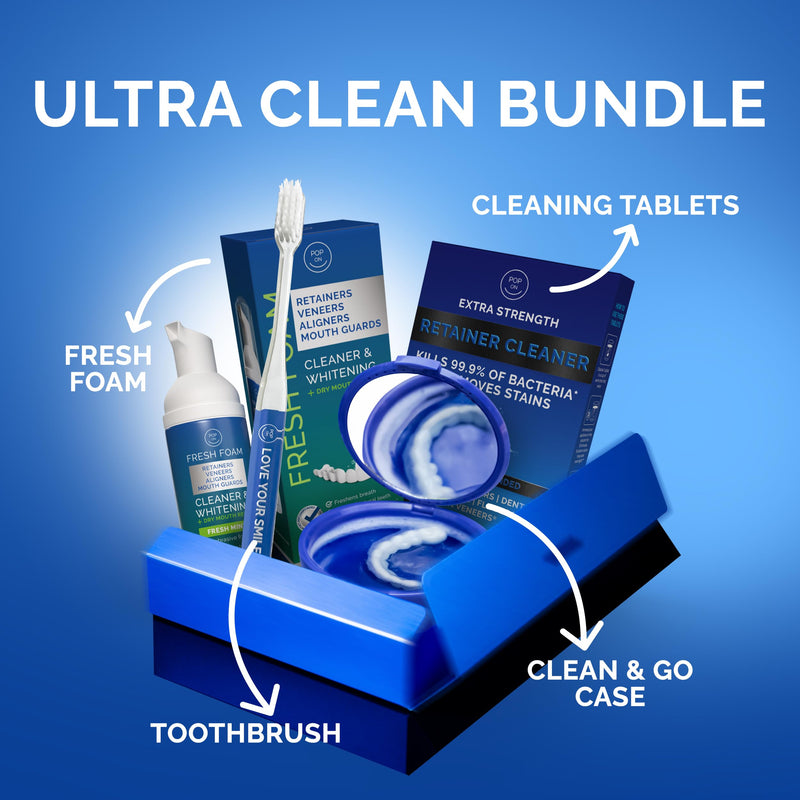 [Australia] - Retainer Cleaning Bundle by Pop On - 30 Retainer Cleaner Tablets, 1 Aligner Cleaner Fresh Foam, 1 Soft Bristle Toothbrush, 1 Mirror Case for Mouth Guards, Night Guards, Invisalign, Veneers, Dentures 