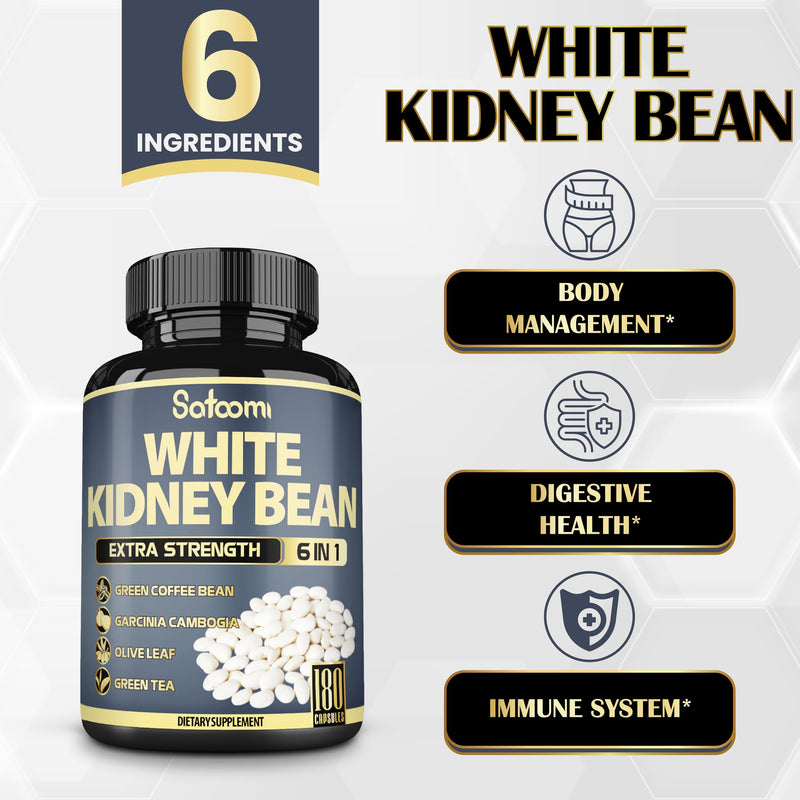 [Australia] - Satoomi 6in1 White Kidney Bean Extract Capsules - 6 Month Supply - Extra Blend with Olive Leaf, Green Coffee Bean & Green Tea - 180 Counts 