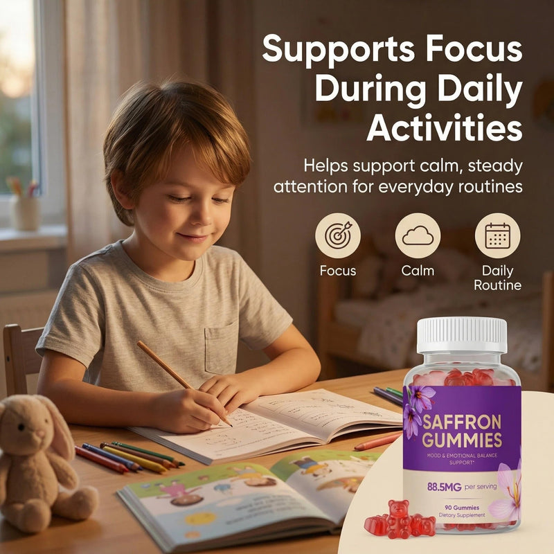 Saffron Gummies – Strawberry Flavor with 88.5mg Premium Saffron Extract Per Serving, Vitamin B6, GABA & Passion Flower, Supports Positive Mood & Focus, Better Sleep Routine, 90 Gummies