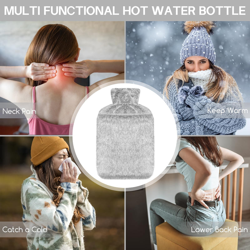 [Australia] - Jsdoin Hot Water Bottle with Cover - 2.0L Hot Water Bottles Leak-Proof, Natural Rubber + Bed Bottle Fluffy, Hot Water Bottle for Neck and Shoulder, Back, Legs, Waist Warming (Grey) Grey 
