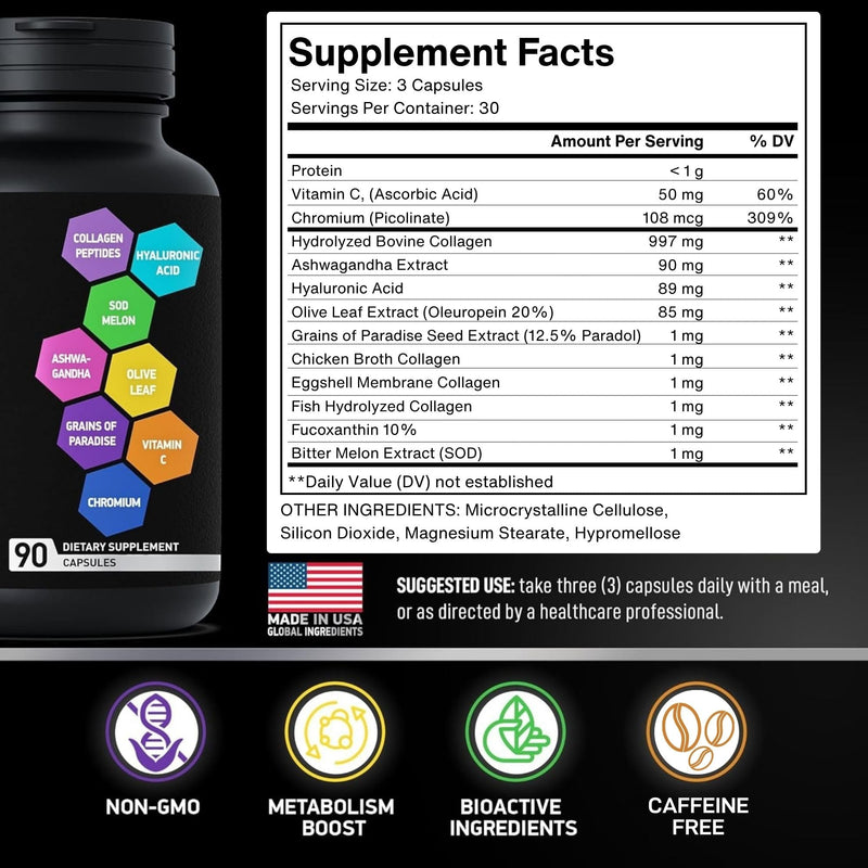 Multi Collagen Burn for Women & Men - 1,000mg Type I, II, III, V, X Hydrolyzed Collagen Peptides, Hyaluronic Acid, Vitamin C - Metabolism, Cellulite, Skin Elastisity Support - 90 Collagenic Burn Caps 90 Count (Pack of 1)