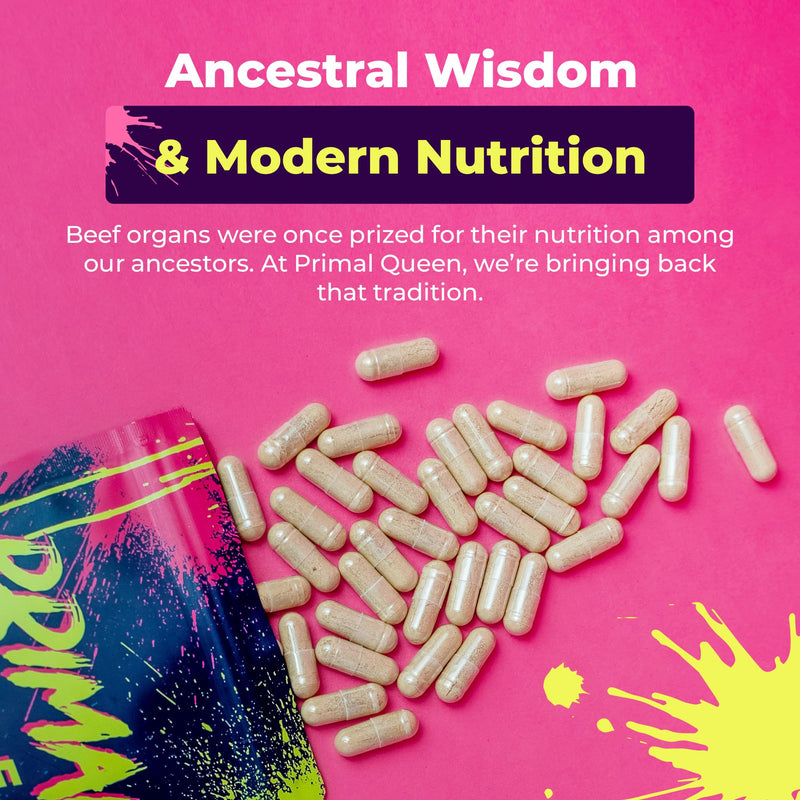 Primal Queen Beef Organ Superfood, Grass-Fed Liver Kidney Heart for Women | Female-Optimized Blend of 6 Pasture-Raised Organs for Hormone Balance, Energy and Vitality; 3rd-Party Tested 60 Count (Pack of 1)