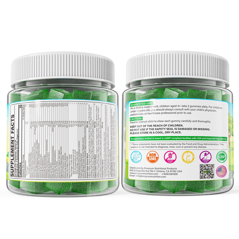 Kids Super Greens Gummies, w/Multivitamins, 20+ Veggie Fruit, Prebiotics | Kids Vitamins Greens Superfood Gummies + Calcium, Omega-3 (DHA/EPA)，for Picky Eater Growth, Energy, Immune, Digestion, 1 Pack 60 Count (Pack of 1)