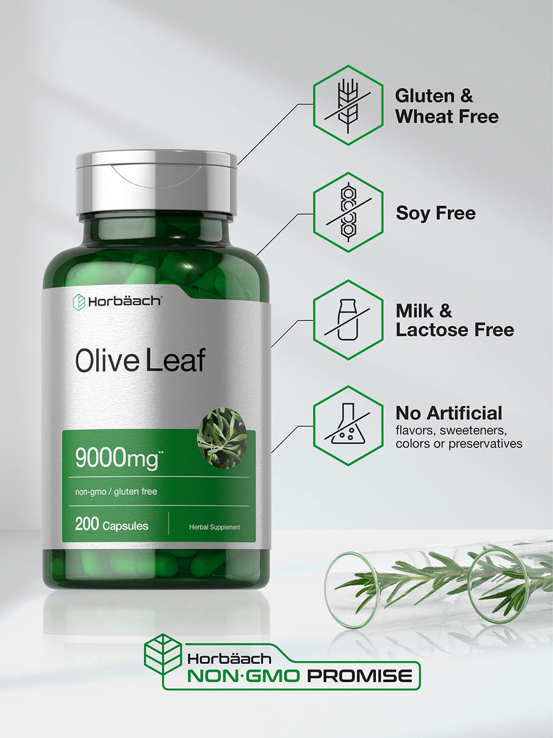 Horbäach Olive Leaf Extract Capsules 9000mg | 200 Count | Super Strength Supplement | Non-GMO, Gluten Free