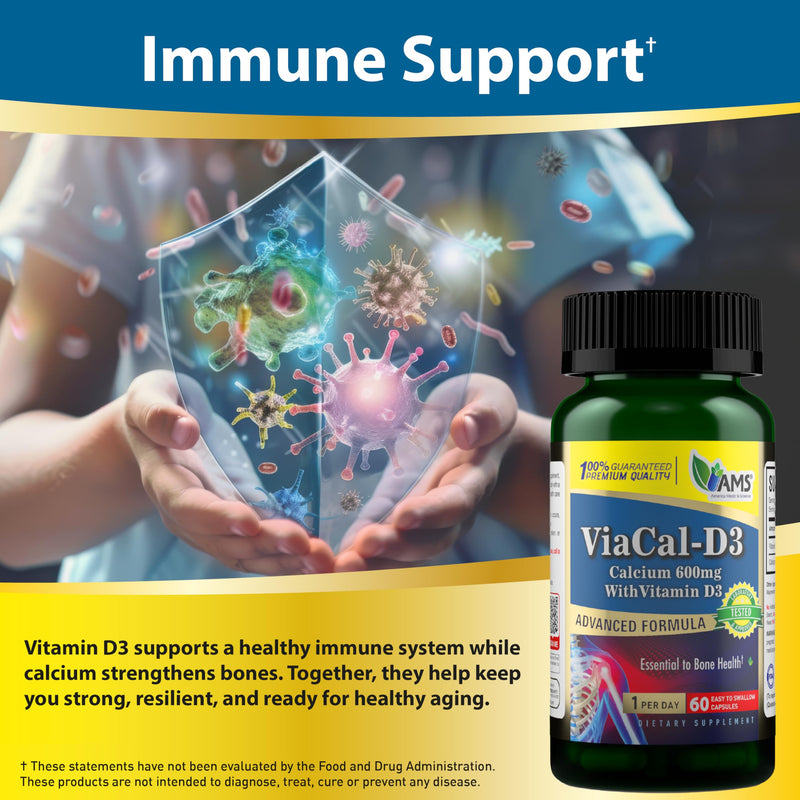 America Medic & Science ViaCal-D3 – Calcium 600mg with Vitamin D3 – Supports Bone Strength, Muscle Function & Mobility – Helps Maintain Healthy Calcium Levels for Overall Wellness – 60 Capsules