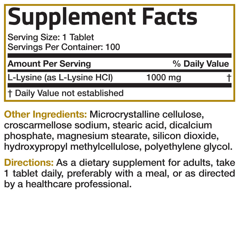 Bronson L-Lysine Extra Strength 1000 MG per Tablet High Potency, Immune Support & Supports Collagen Synthesis, Non-GMO, 100 Vegetarian Tablets 100 Count (Pack of 1)