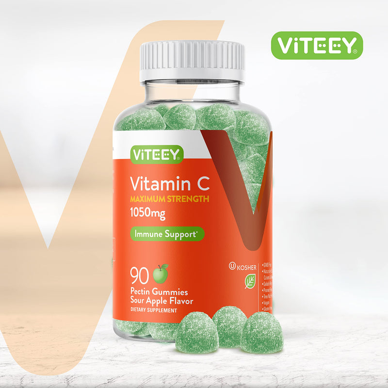 Viteey Chewable Vitamin C Gummies for Adults - 1050mg Maximum Strength | Immune Support Supplement - Vegan, Gluten Free - 90 Count Maximum Strength [1050mg]