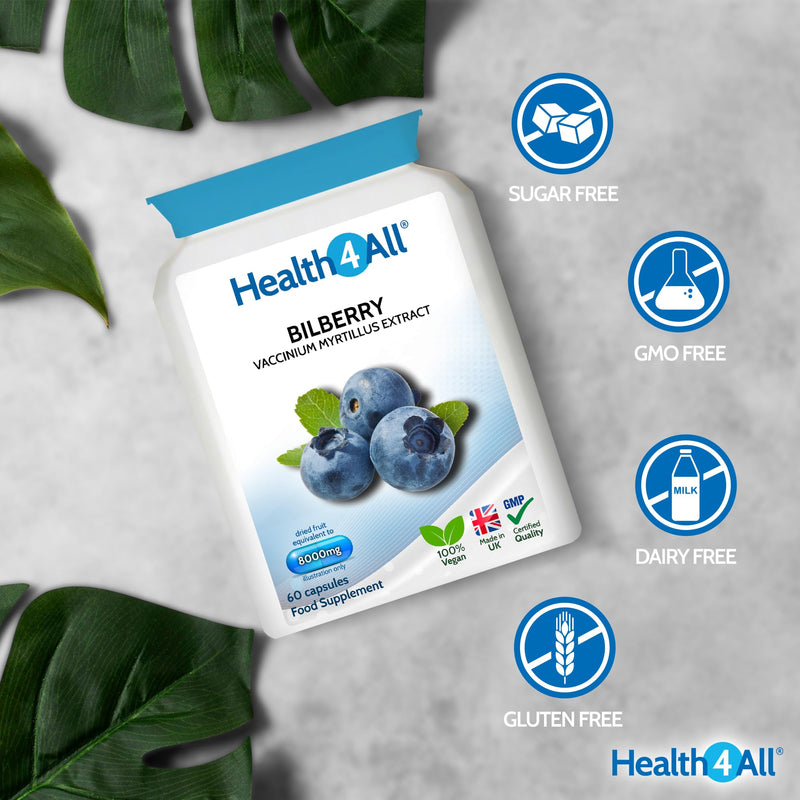 Health4All Bilberry Extract 8,000mg per Capsule, 60 Capsules 2 Months Supply, Pure High Strength Bilberry Eye Supplement, Antioxidant for Eye Health with Anthocyanidins, Easy to Swallow | Made in UK 60 count (Pack of 1)