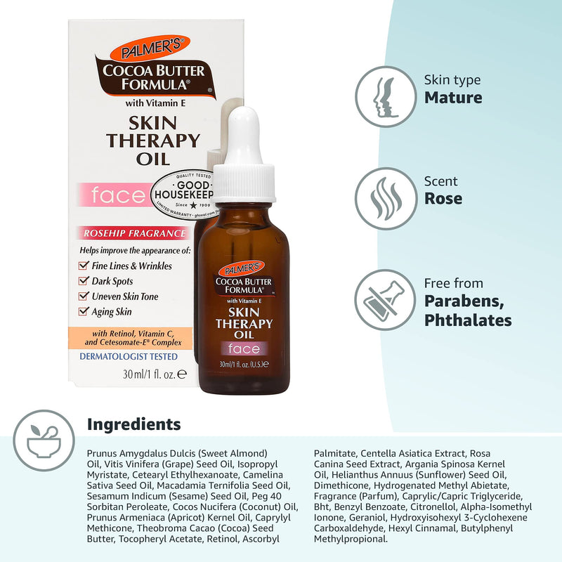 Palmer's Cocoa Butter Formula Moisturizing Skin Therapy Oil for Face with Vitamin E, C & 10 Pure Facial Oils Blend, Rosehip Oil Fragrance, 1 Ounce (Pack of 6) 1 Fl Oz (Pack of 6)