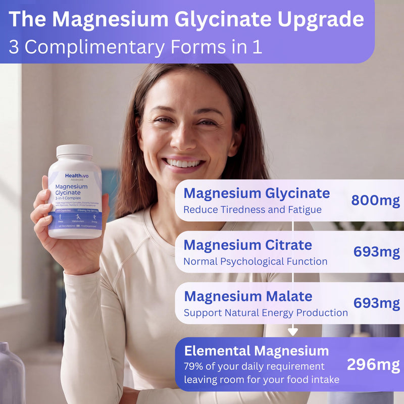 Magnesium Glycinate 3-in-1 Complex, 240 Capsules, UK Made | Magnesium Bisglycinate, Citrate & Malate Complex, Sleep & Relaxation, Vegan, 2 Months Supply, Supplement for Women & Men