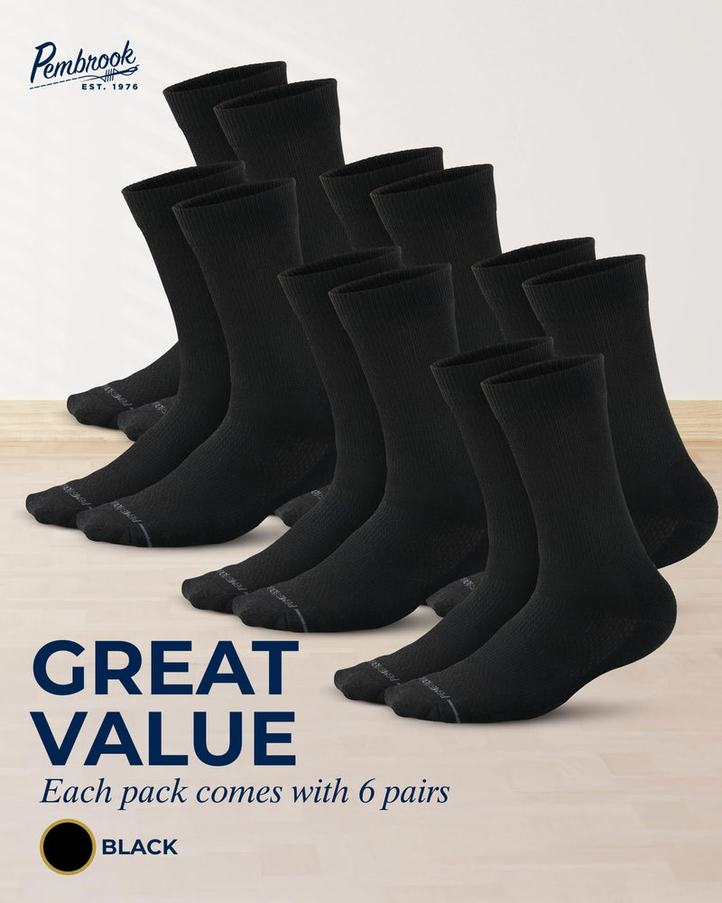 [Australia] - Pembrook Diabetic Socks for Men - 6 Pairs Crew Diabetic Neuropathy Socks for Men | Non Binding Black - 6 Pairs Large 