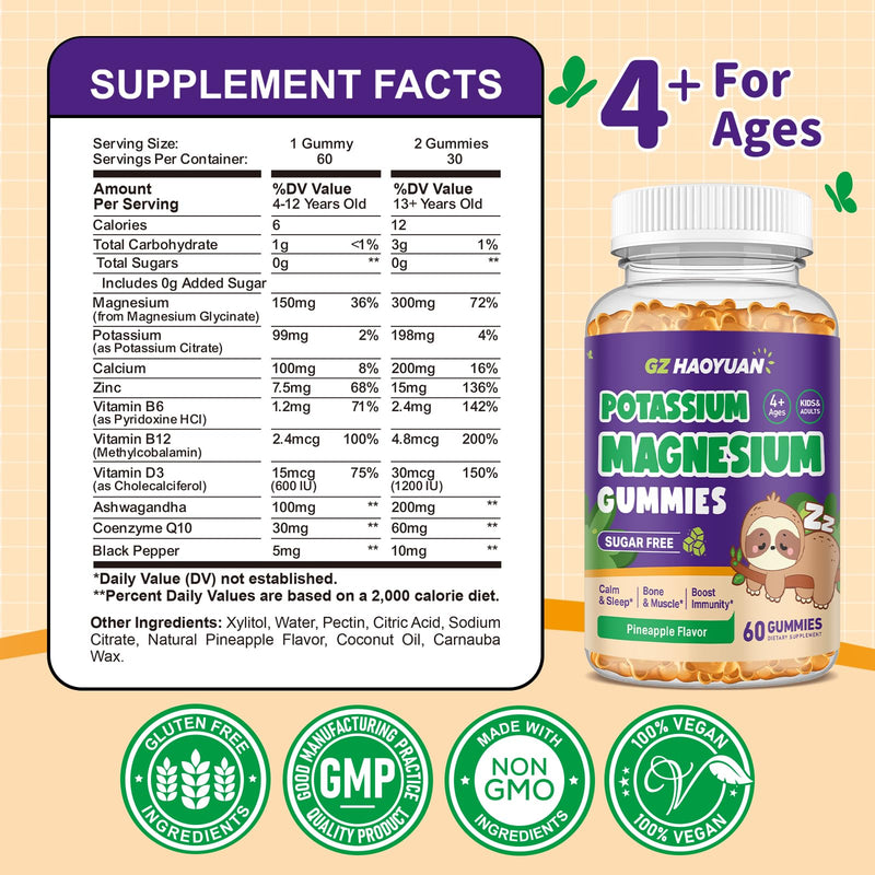 2 Pack Magnesium Glycinate Gummies for Kids - Magnesium Gummies with Vitamin D3, B6, Potassium & Ashwagandha for Kids & Adults Relaxation, Sleep, Brain & Bone Health -Sugar Free Pineapple Flavor 60 ct 60 Count (Pack of 2)