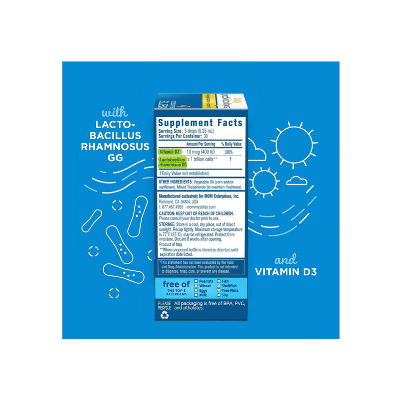 [Australia] - Mommy's Bliss Baby Probiotic Drops + Vitamin D, Supports Digestive Health and Immunity, 400IU Vitamin D for Healthy Bone Development, Newborns +, Flavorless, 0.34 Fl Oz (30 Servings) 