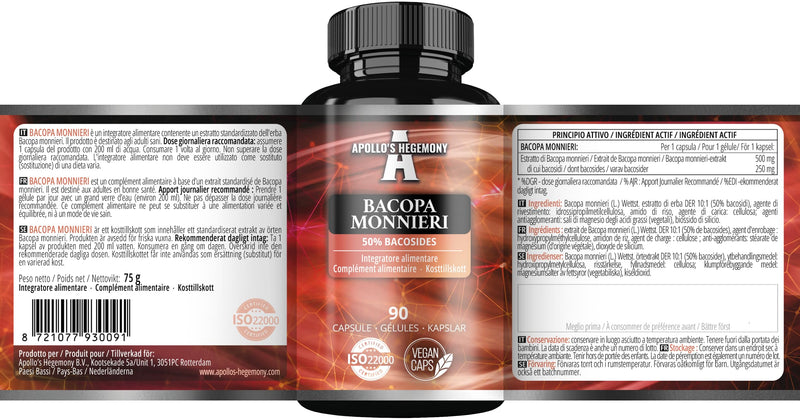 Bacopa Monnieri Extract 500mg, High Strength Brahmi Extract (50% Bacosides), 90 Vegan Capsules, 3 Months Supply, Herbal Supplements for Enhanced Mental Clarity and Focus by Apollo's Hegemony