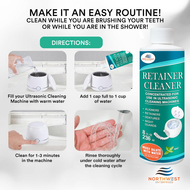 [Australia] - Ultrasonic Retainer Cleaner Solution Concentrate - Ultrasonic Denture Cleaner for Ultrasonic Machines - Cleans Mouthguards, Invisalign, and Nightguards - Updated Formula (Mint) (8 Ounces) 8 Ounces 