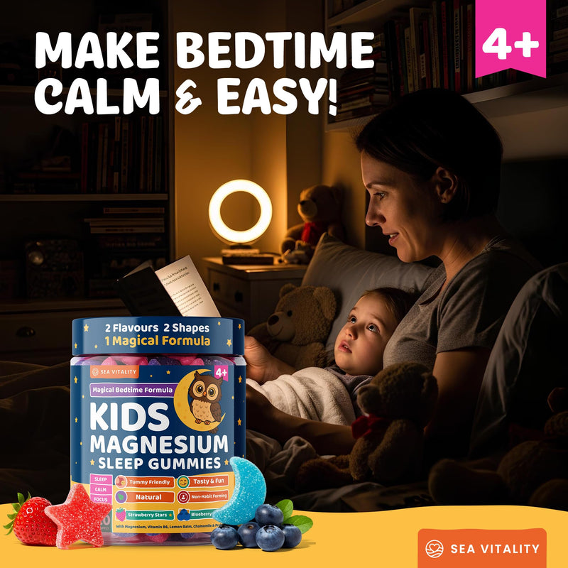Kids Magnesium Glycinate Sleep Gummies – Calm Focus & Relaxation Support with Magnesium, B6, L-Theanine & Chamomile – Stawberry Stars & Blueberry Moons – 120 Vegan Gummies – Star & Moon Shape – Age 4+ Strawberry & Blueberry 120 count (Pack of 1)