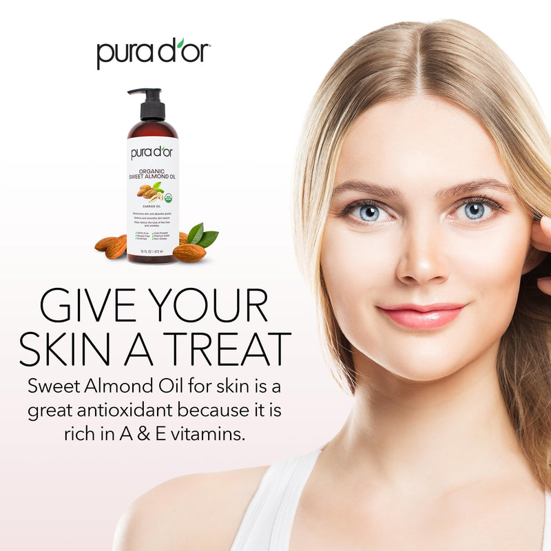 [Australia] - PURA D'OR 100% Pure 16Oz Organic Sweet Almond Oil - USDA Certified Massage Oil For Massage Therapy - Hexane Free Cold Pressed Body Oil After Shower - DIY Facial, Skin, & Stretch Mark Oil 