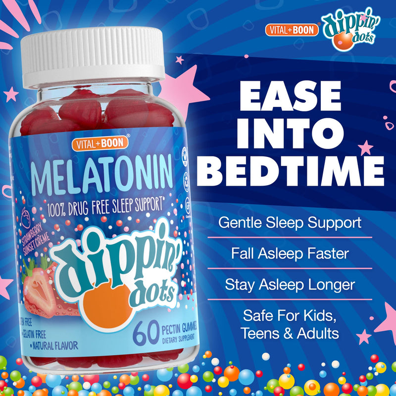 Dippin' Dots Kids Melatonin Gummies, Natural Sleep Aid, 2.5mg (60 Ct) | Strawberry Sunset Creme sleep aid gummies for kids & adults; vegetarian, easy nightly melatonin gummy chew for bedtime. 60 Count (Pack of 1) Gummy - 5 mg/serving