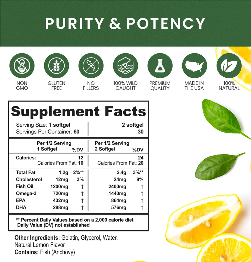 Omega 3 Fish Oil Supplements, Maximum Strength 2400 mg Omega-3, 1440mg Fish Oil, EPA DHA Fatty Acids, Heart Health, Vision, Eye, Brain, Immune Support for Women & Men. Natural Lemon Flavor, 60 ct (1) 1