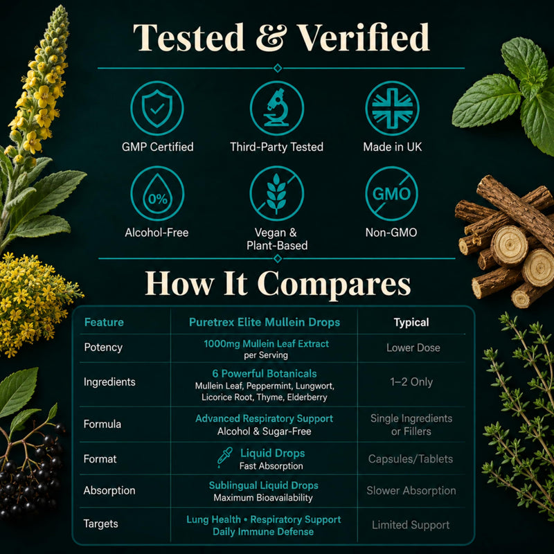 PURETREX Elite Mullein Drops Vegan Supplement 60ml – Made in UK Organic Mullein Leaf Extract, Lung & Respiratory Support Liquid with Elderberry Peppermint Thyme for Breathing Immunity & Wellness