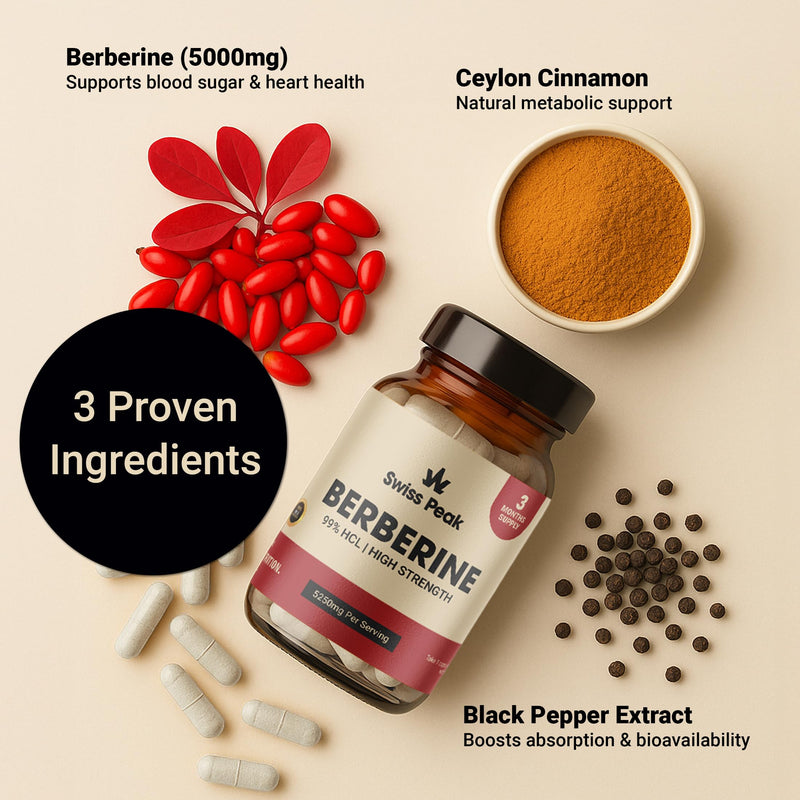 Swiss Peak Berberine 5250mg Per Serving, High Strength 99% HCL, Enhanced with Ceylon Cinnamon & Black Pepper Extract, 90 Vegan Capsules, 3 Month Supply, UK Made, Non-GMO, Gluten Free