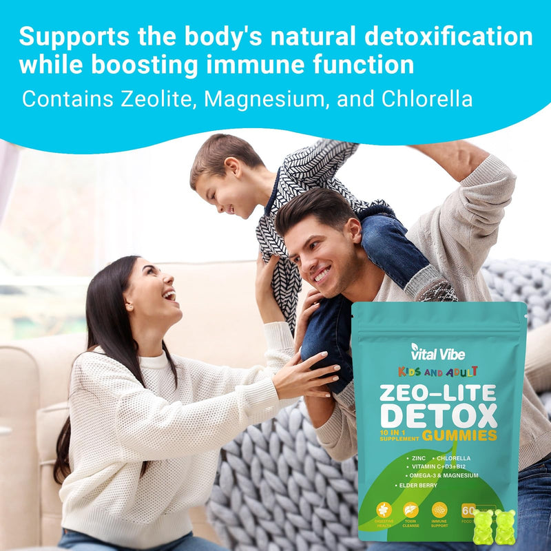 Zeolite Detox Gummies for Kids & Adult | 10-in-1 Formulated Probiotics Kids Probiotic Supplement | Vitamin D and B12 | for Immune Support & Gut Health | 60 Vegan Gummies, 2 Month Supply
