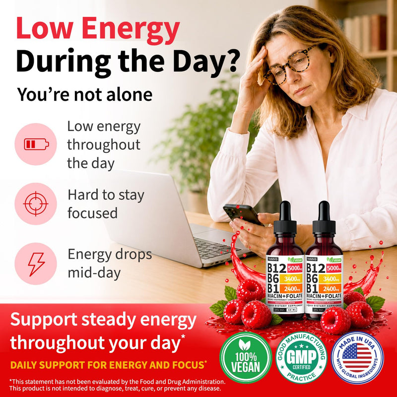 NUSAVA B12 Liquid Drops 5000mcg, Raspberry, Pack of 2 | Energy, Brain and Heart Support, Methylcobalamin B12 with B6, B1, Niacin and Folate, Sublingual Drops for Women and Men 2 Fl Oz (Pack of 2)
