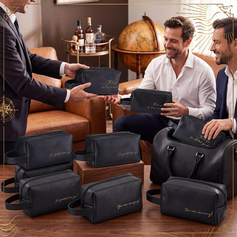 8 Pcs Men Toiletry Travel Bags Bulk Black Leather Toiletry Bags for Men Employee Appreciation Groomsmen Gifts Toiletries Kit for Business Trip Wedding Travel