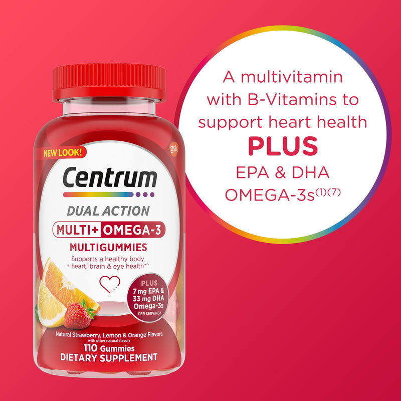 Centrum MultiGummies Multi+ Omega 3, Assorted Fruit Flavors, 110 Count | Supports Heart Health, Normal Brain Function, Eye Health, Daily Energy Needs and Normal Immune Function, GLP-1 Support New 110 Count (Pack of 1)