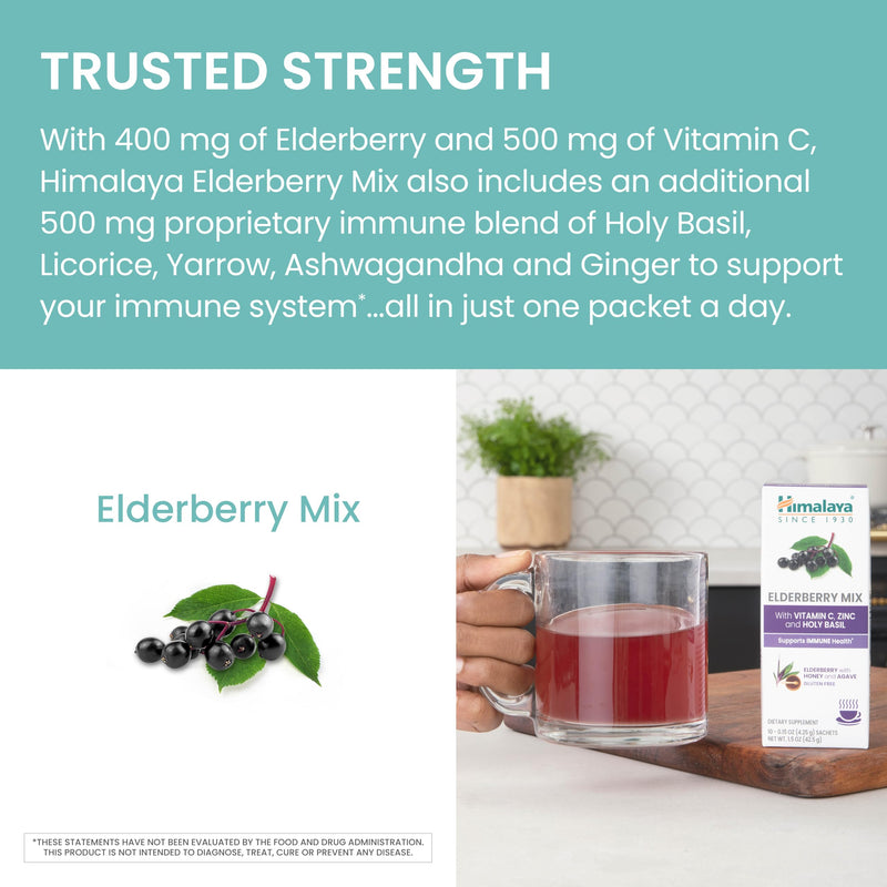 Himalaya Elderberry Immune Support Drink Mix with Vitamin C, 10 Packets | Easy To Mix Immune Supplement with Elderberry, Zinc, Vitamin C & Holy Basil, 0.15 oz Packets - Gluten Free, Caffeine Free