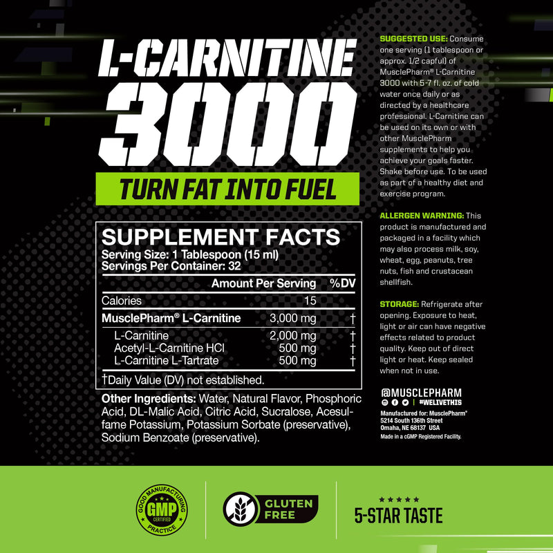 [Australia] - Muscle Pharm L-Carnitine 3000, The Ultimate Liquid L Carnitine Supplement for High-Performance, Supports Metabolism, Hydration & Energy, Zero Sugar/Calories, Peach Nectarine Flavor, 32 Servings 