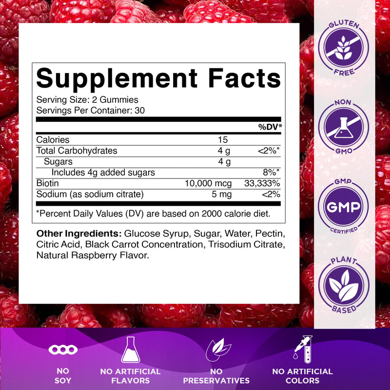 Vitamatic Biotin 10,000 mcg, 60 Vegan Gummies, Raspberry Flavor-3 Pack | 10000 mcg Per Serving, Natural Raspberry Flavor, Pectin Based, Non-GMO, Gluten Free, GMP Certified 3 Bottles