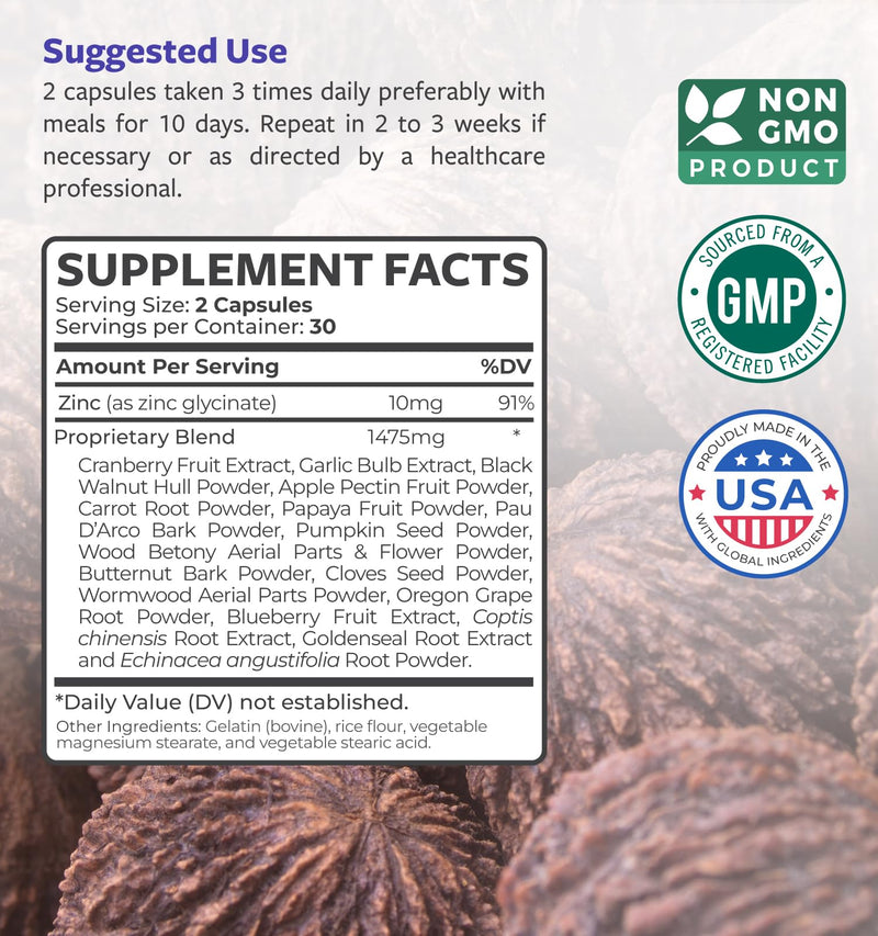 [Australia] - Intestinal Guard (Non-GMO) - Potent Natural Formula with Wormwood, Black Walnut, Goldenseal, PAU D'Arco, Clove, Garlic, More - All in One Supplement - 60 Capsules (No Pills) 60 Count (Pack of 1) 