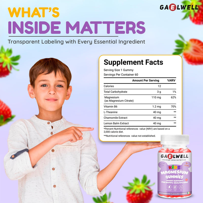 Kids Magnesium Gummies for Calm & Sleep – 2MONTHS–Supply – Sugar-Free Strawberry – Vegan, Gluten-Free, Magnesium Citrate – 60 Gummies –No Melatonin – Irish-Owned, HACCP & GMP Certified– Gaelwell®