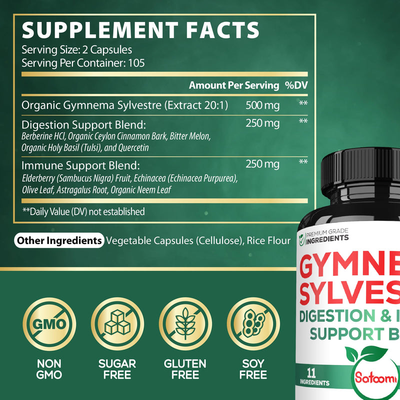 [Australia] - 1000mg Gymnema Sylvestre Supplements - 210 Capsules - Gymnema Extract 20:1 with Berberine HCl, Quercetin & More - Support for Immune, Digestive Health & Body Management 210 Count (Pack of 1) 