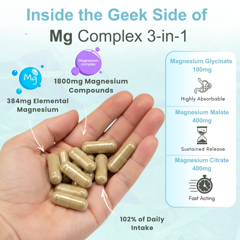 Magnesium Complex 3-in-1 | Magnesium Glycinate, Malate & Citrate | 384mg Elemental Magnesium | 120 Vegan Capsules | Food Supplement | Non-GMO