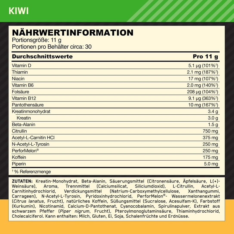 [Australia] - Optimum Nutrition Gold Standard Pre Workout Powder, dietary supplement with creatine monohydrate, beta alanine, caffeine and vitamin B complex, kiwi flavor, 30 servings, 330 g 