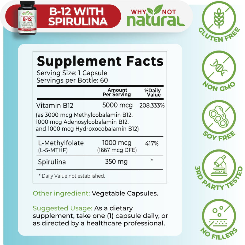 Why Not Natural Vitamin B12 5000 mcg Supplement with Methylcobalamin, Adenosylcobalamin and Hydroxy B12 Complex with Methylfolate 1000 mcg, L-5-MTHF, Made with Spirulina