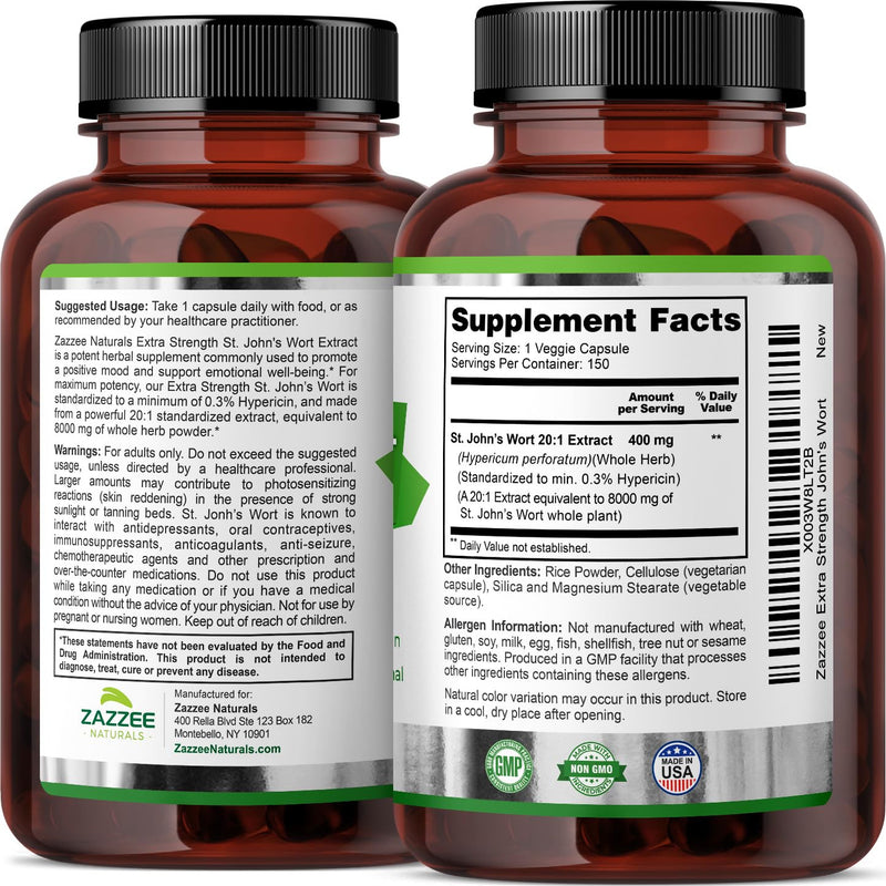 [Australia] - Zazzee Extra Strength St. John’s Wort 20:1 Extract, 8000 mg Strength, 0.3% Hypericin, 150 Vegan Capsules, 5 Month Supply, Concentrated, Standardized 20X Extract, 100% Vegetarian, Non-GMO, All-Natural 