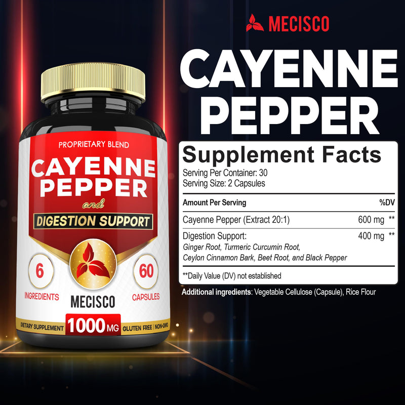 [Australia] - 6in1 Cayenne Pepper Capsules Organic with Ginger Root, Beet Root, and Black Pepper and More - 60 Capsules - Cayenne Supplement Supports Digestion System, Immunity & Joint Health 60 Count (Pack of 1) 