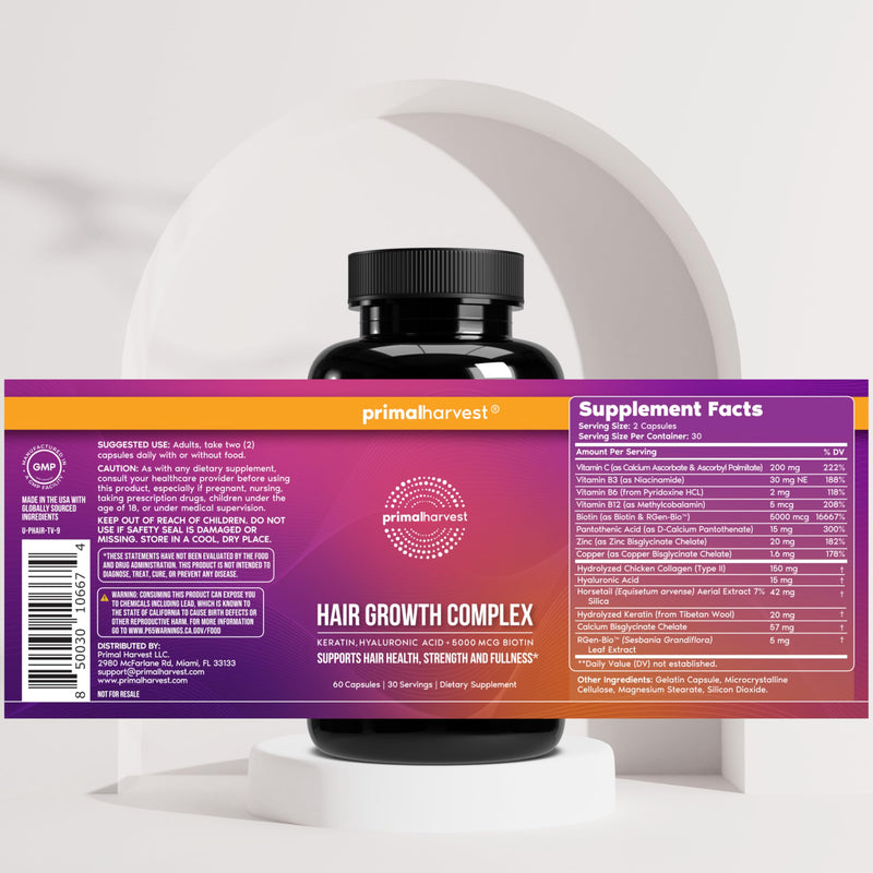 Primal Harvest Hair Growth Complex - Daily Supplement, Gluten & Dairy Free Unflavored 60 Count (Pack of 1)