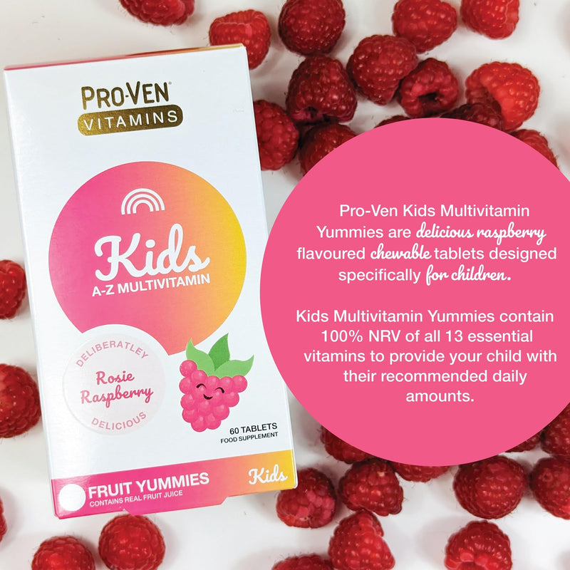 Proven A-Z Kids Multivitamin Chewable Tablets Raspberry Flavour Yummies 60 Tablets Daily Childrens Multivitamins with 13 Essential Vitamins for Immune Function, Bones, Teeth & Energy - 2 Month Supply