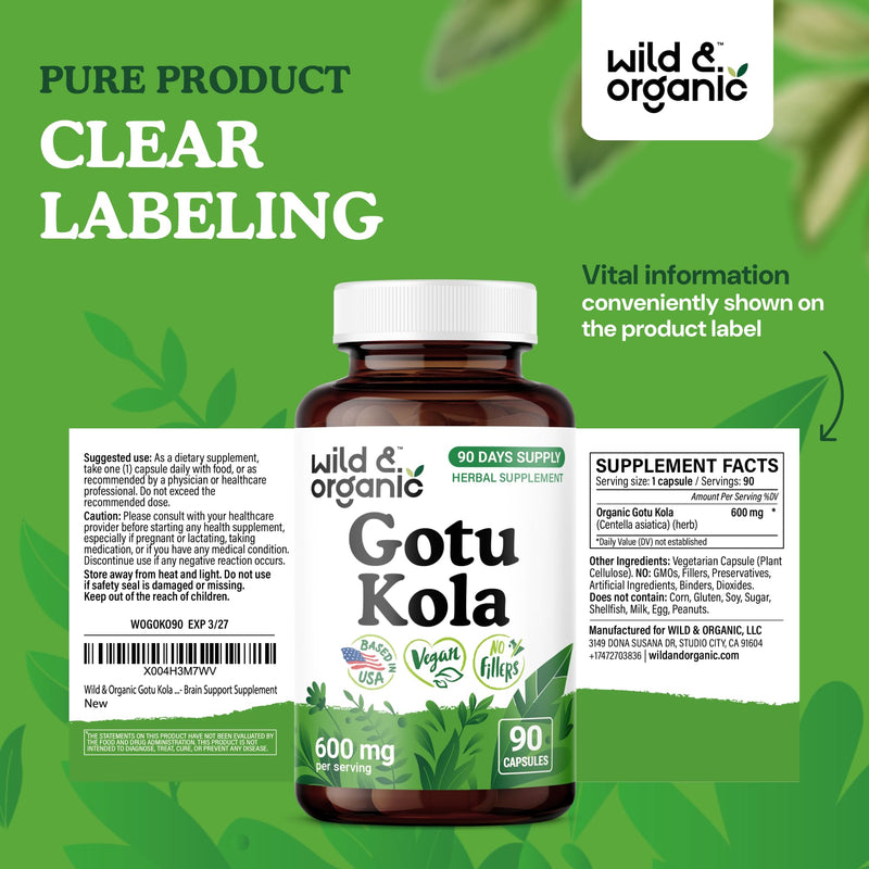 [Australia] - Wild & Organic Gotu Kola Capsules 600 mg - Brain & Focus Support - Gotu Kola Powder Supplement - Gotu Kola Extract - 90 Days of Supply - Vegan, No Fillers, Non-GMO - 90 Count 