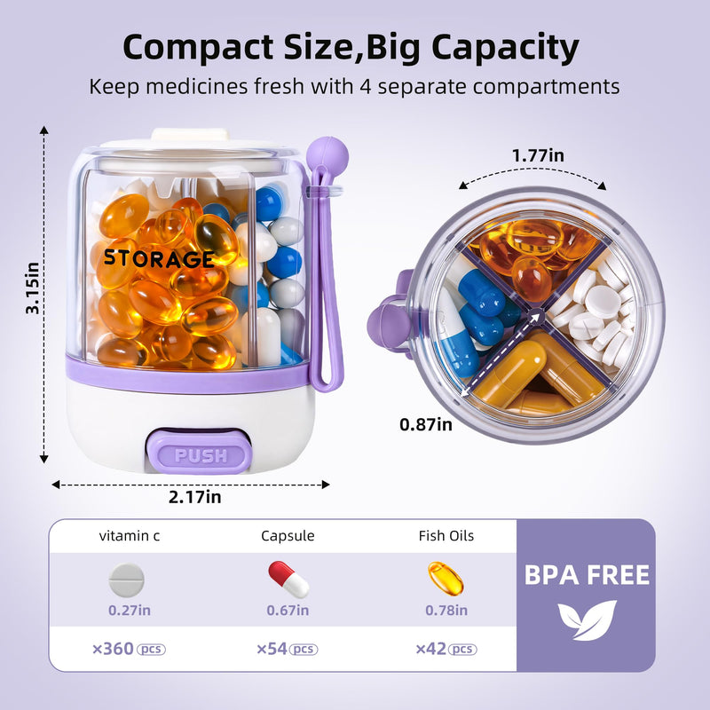4 Compartments Pill Bottle Organizer, Anti-Mix Travel Pill Dispenser with Safety Lock, Pill Case with 16pcs Labels, Cute Pill Organizer for Seniors, Caregivers & Daily Vitamin Management(Purple) Purple