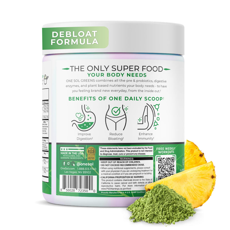 One Sol Super Greens Powder for Gut Health with Prebiotics & Probiotics | Organic greens and superfood blend with digestive enzymes for digestion and gut health support; vegan and soy-free.